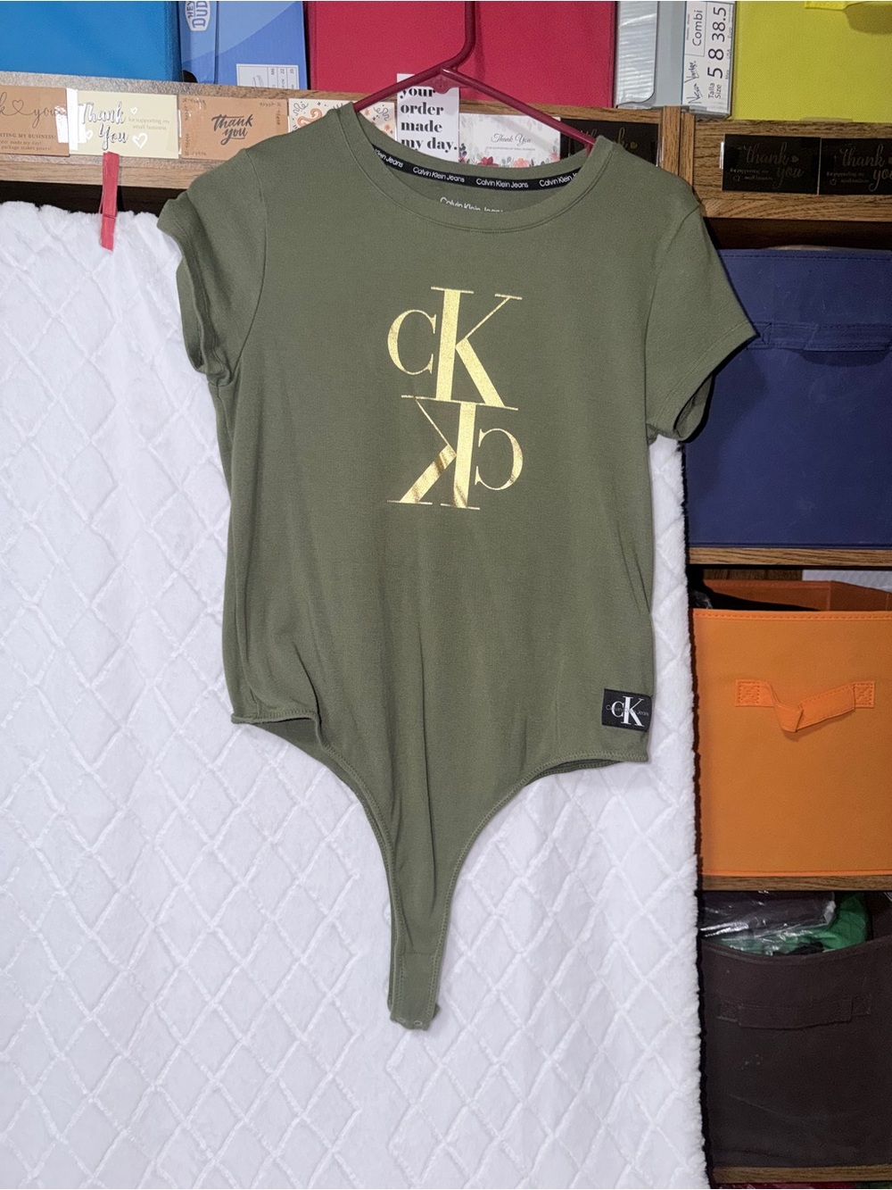 Calvin Klein Jeans Olive Green Bodysuit with Metallic Gold Logo